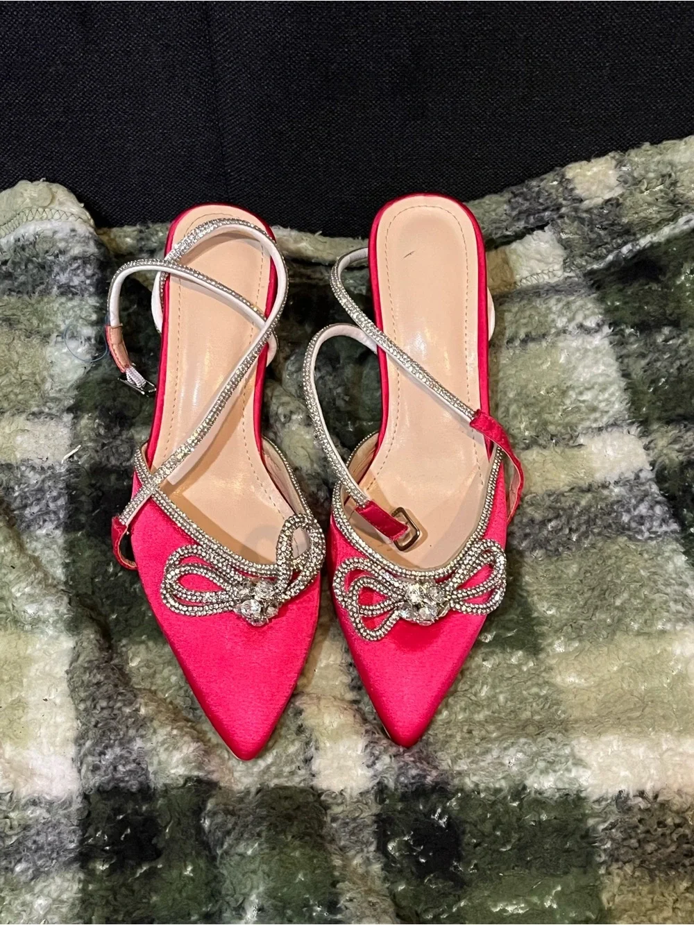 Fuchsia Pointed-Toe Satin Slingback Flats with Crystal Bow